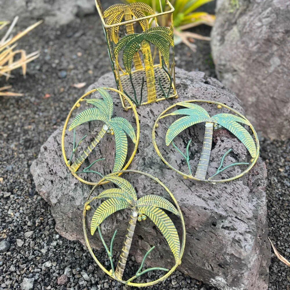 Vintage Palm Tree Metal Wall Art & Holder Set NWOT Tropical Coastal Decor